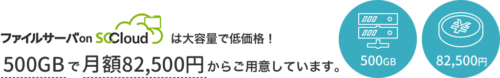 ファイルサーバー on SCCloud は大容量で低価格！500GBで月額55,000円からご用意しています。